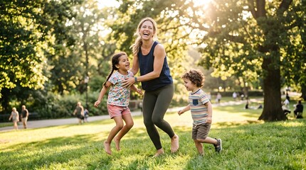 Fototapeta premium Happy Mother Playing With Her Two Children Outdoors In A Sunny Park