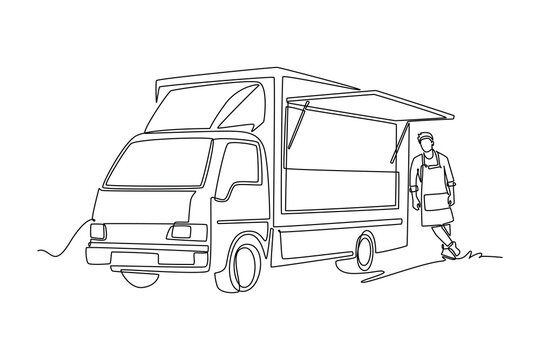 Single continuous line drawing male food truck owner wearing an apron and leaning casually against mobile street snack van with its serving hatch open. One line draw graphic design vector illustration