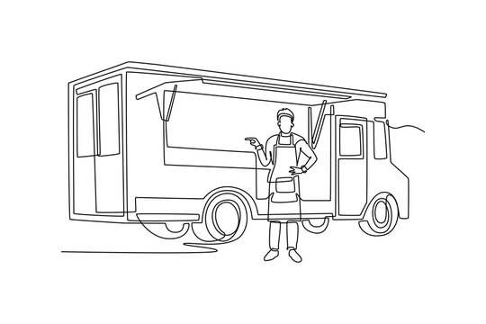 Single continuous line drawing young man wearing apron standing in front of mobile food truck, presenting street culinary business, catering service. One line draw graphic design vector illustration