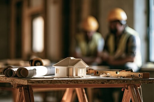 Model house, blueprints, tools, and workers on a construction site