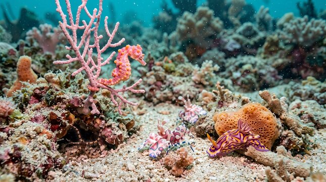 Underwater macro scene of a miniature coral reef community on a sandy seafloor, a vibrant pygmy seahorse clinging to delicate coral branches, tiny harlequin shrimp exploring the sand