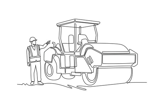 Single continuous line drawing man working as a road roller operator in safety gear pointing, conceptualizing construction, infrastructure development. One line draw graphic design vector illustration