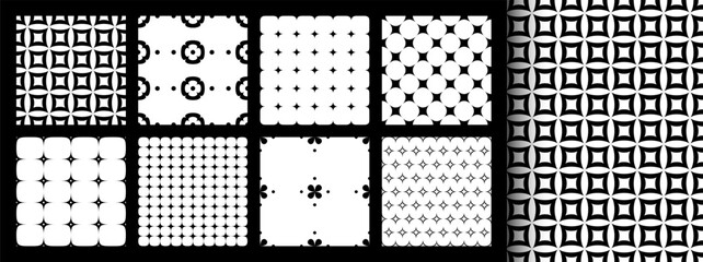 Fototapeta premium Collection of minimalist monochrome seamless pattern swatches with geometric and floral designs. Vector illustration.