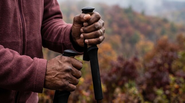 Close portrait detail of an older Black hiker securing two hiking pole grips against softly layered fall foliage, highlighting capable hands, outdoor confidence, healthy motion, and seasonal journey