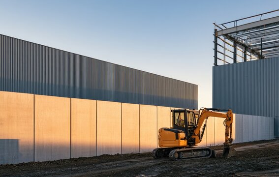 Construction site with excavators near new industrial building