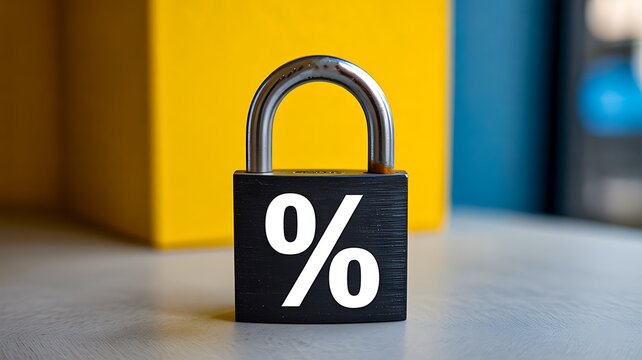 Black padlock with percentage symbol representing interest rate and financial security