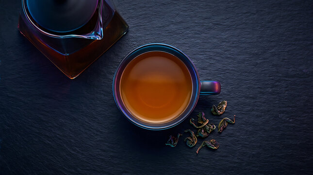 Aromatic Oolong Tea Steeped in a Decorative Glass Cup with Frosted Accents on a Dark Textured Surface Illuminated by Subtle Rainbow Light Reflections