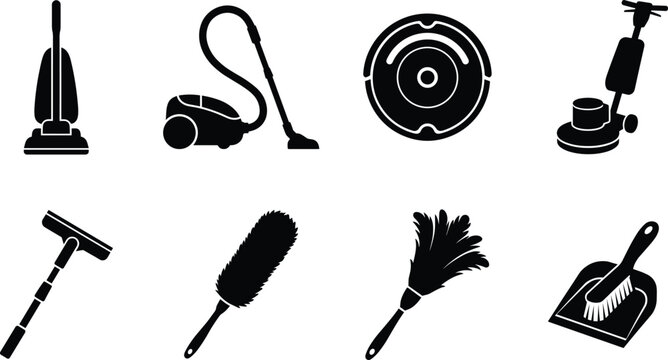 Black silhouette cleaning icons set with vacuum cleaners robot vacuum floor polisher squeegee dusters and dustpan