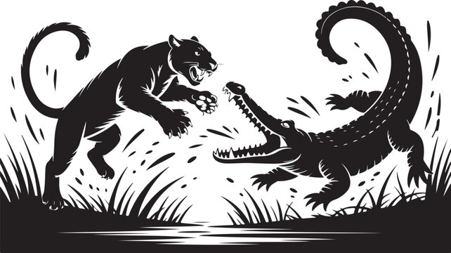 Tiger and crocodile fight silhouette vector illustration for wild nature design projects.
