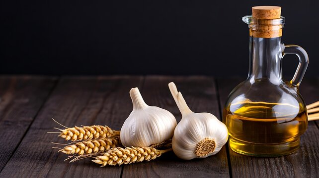 Fresh garlic bulbs with wheat and olive oil on rustic wooden table
