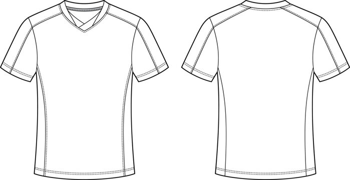 Technical flat sketch of men's V-neck t-shirt, front and back view fashion vector illustration for tech packs