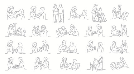 Obraz premium Black and White Line Art Set of Nurses and Patients: Medical Healthcare Interactions and Services