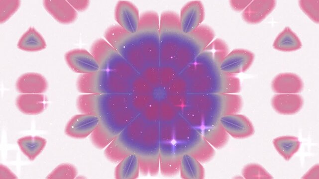 Abstract kaleidoscopic pattern with soft pink and purple floral shapes and glowing sparkles.