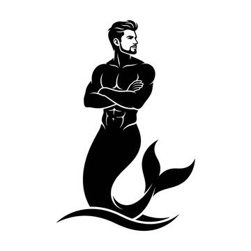 Merman silhouette vector, muscular male mermaid with crossed arms, mythical sea creature icon for nautical branding and gym logos isolated on White Background silhouette