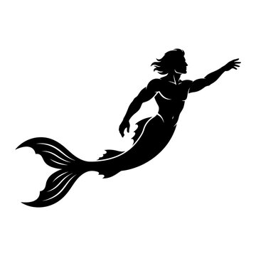 Merman silhouette vector, mythical merman swimming with reaching hand, black merman character for fantasy ocean design isolated on White Background silhouette