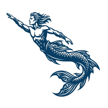 Mythical merman swimming vector illustration, blue triton sea god mascot, nautical merman character for marine branding isolated on White Background silhouette