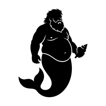 Merman silhouette with beard and seashell, mythical sea creature vector, bearded merman character icon isolated on White Background silhouette