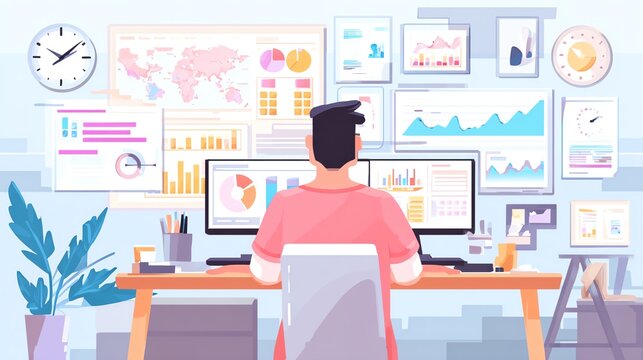 Person analyzing data on two computer screens.