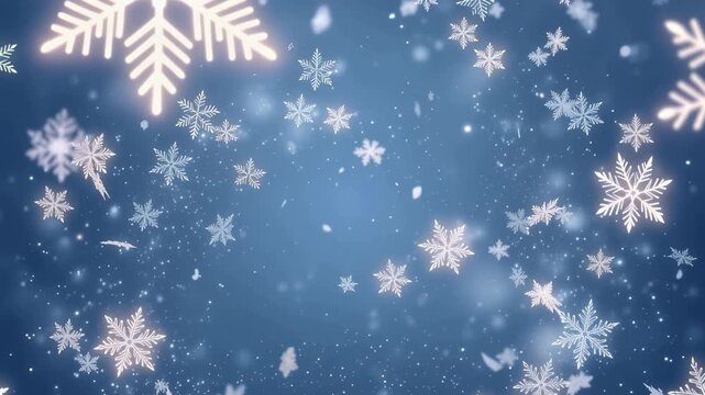 Motion graphics of delicate snowflakes gently falling against blue background, glowing particles creating magical winter atmosphere, 4K video