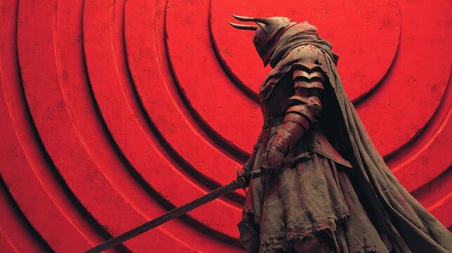 Warrior figure in dark armor against concentric red backdrop, holding a gleaming sword