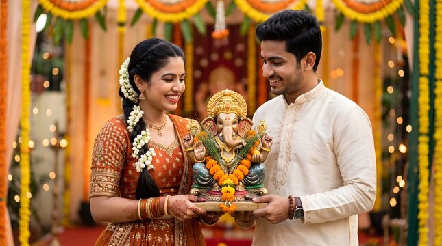 Happy Indian Couple Celebrating Ganesh Chaturthi Festival with Ganesha Idol