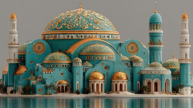 Ornate teal and gold-accented building with numerous domes, minarets, and a reflection