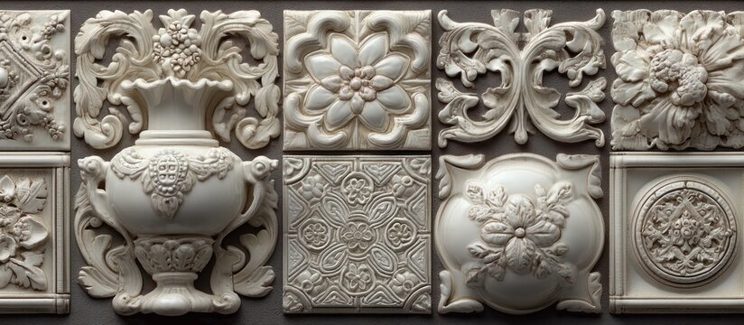 A collection of square and rectangular cream-colored relief tiles showing various ornate designs