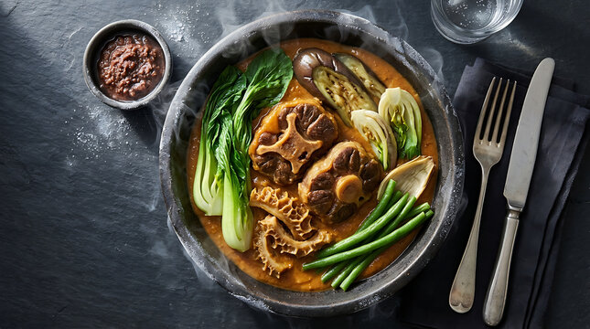 Authentic Filipino Kare Kare A Savory Oxtail Stew With Peanut Sauce And Fresh Vegetables Served In A Rustic Bowl With A Side Of Bagoong On A Dark Slate Surface