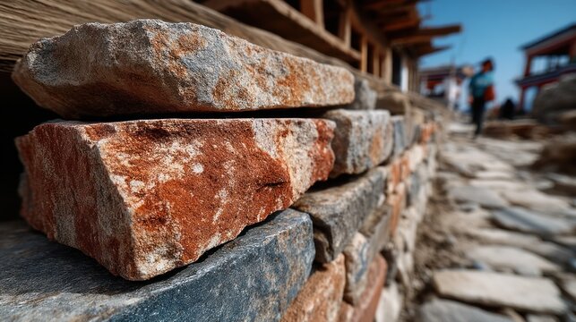 Close-up of layered colorful stone wall with blurry background of path & buildings
