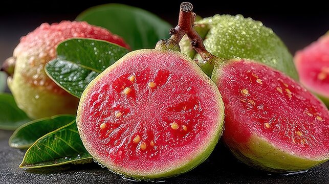 Close-up of sliced fruit with vibrant pink flesh, surrounded by leaves and other fruits