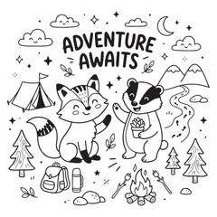 Naklejka premium Camping Adventure with Cartoon Raccoon and Badger.