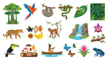 Naklejka premium Amazon Rainforest Animals and Nature Flat Vector Icons Set