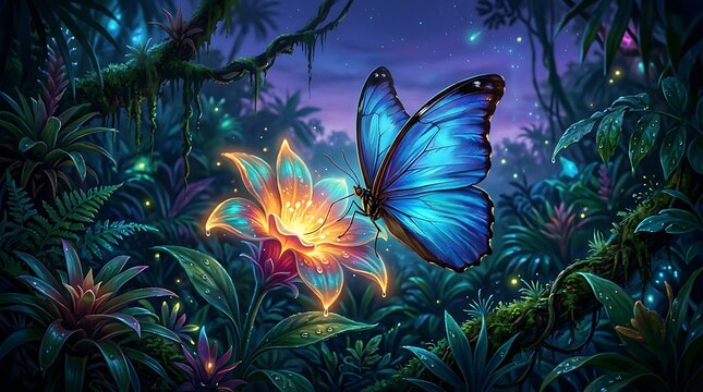 Blue morpho butterfly sipping nectar flower