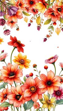 Watercolor illustration of autumnal blooms against a crisp white backdrop, vector, clipart