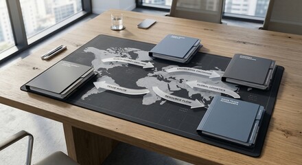 Naklejka premium Modern executive desk setup with world map mat and business charts