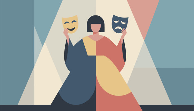 Woman holding comedy and tragedy masks reflecting double personality or mood swings in a creative abstract style.