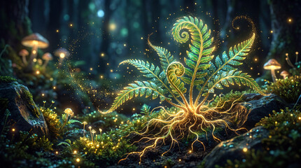 Fototapeta premium A whimsical scene in a magical forest showcases ferns with glowing roots, creating an enchanting atmosphere filled with wonder, fantasy, and the beauty of nature.