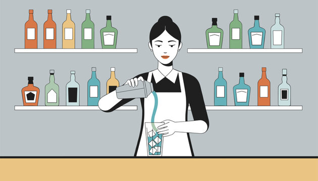 Professional female bartender in a black uniform and white apron pouring a blue cocktail from a shaker into a glass.