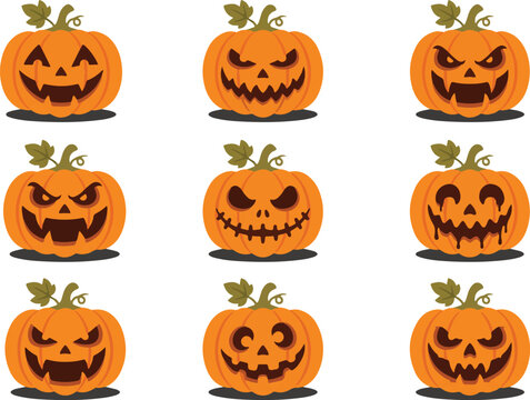 Helloween pumpkins character set with diverse facial expretion 