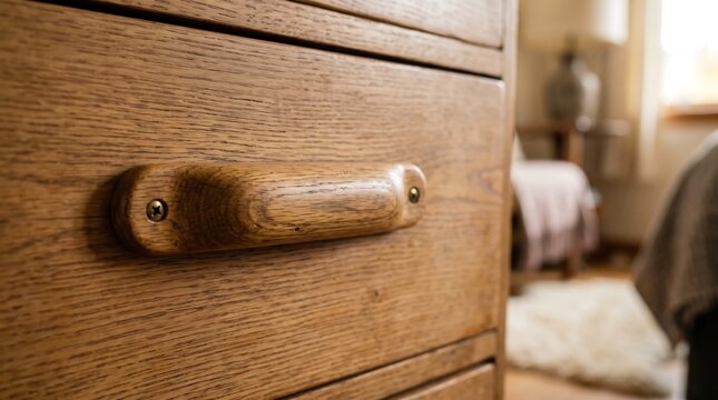 Close up of a minimalist wooden handle on a furniture drawer