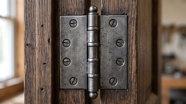 Vintage metal hinge mounted on a weathered wooden door frame