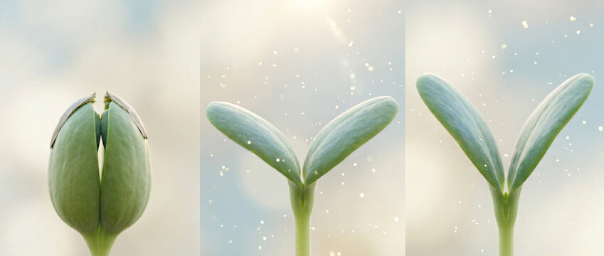 Plant Life Cycle Stages Showing Unfolding Cotyledons and Seedling Growth Progression