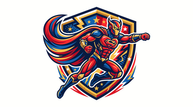 Powerful flying superhero mascot logo with a shield and dynamic action pose