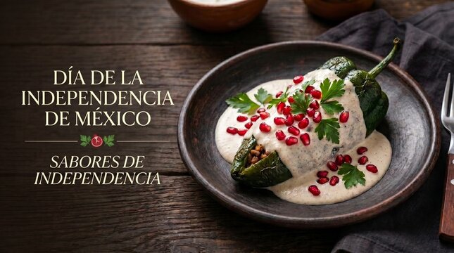 Celebraci&oacute;n del D&iacute;a de la Independencia de M&eacute;xico, plato de Chiles en Nogada con granada y salsa de nuez