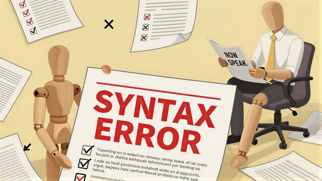 Man reads "SYNTAX ERROR" sign amid scattered papers and wooden mannequins.