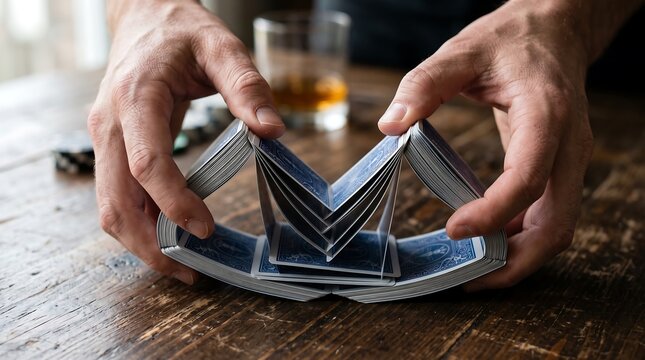Close up of hands shuffling blue playing cards on a wooden table