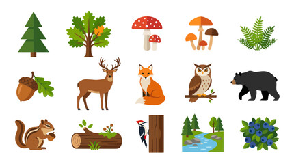 Obraz premium Flat Illustration of Woodland Forest Animals, Plants, and Nature Elements