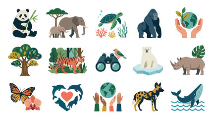 Fototapeta premium Diverse Animals Nature Icons: Panda, Elephant, Gorilla, Tiger, Whale, Arctic Fox, Rhino, Butterfly, Earth