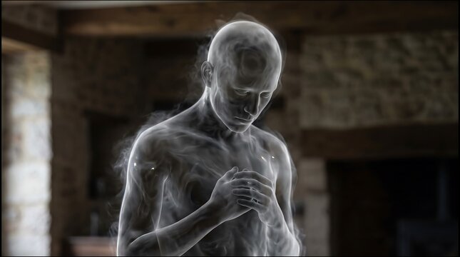 Spiritual smoke entity standing in a dark room with head bowed