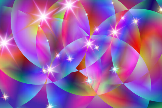 colorful futuristic abstract background with flowing translucent ribbons smooth layered curves vibrant pink purple and blue gradients glowing highlights and sparkling stars creating a dynamic dreamy